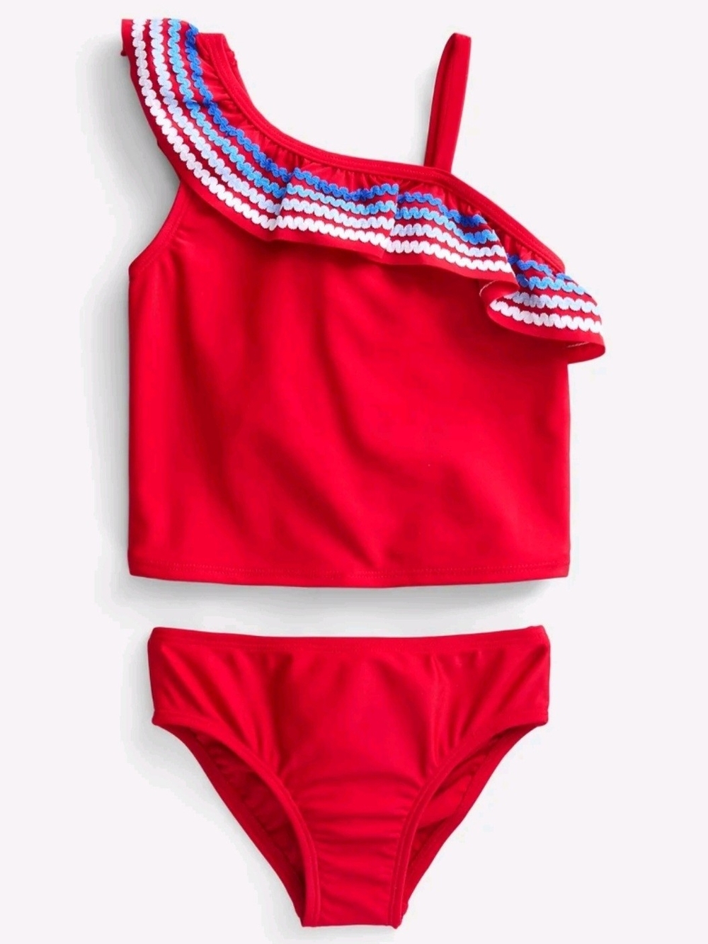 Red One-Shoulder Ruffle Tankini with Blue & White Trim - Kids Swim NWT